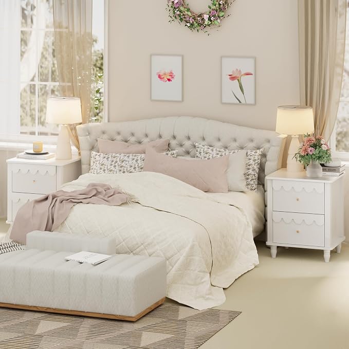White Nightstand Side End Table with 2 Drawers, Modern Wood Night Stand with Petal Pattern for Bedroom, Scalloped Bedside Night Tables with Solid Wood Legs