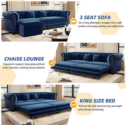 89'' Pull Out Sofa Bed King, Chesterfield Velvet Sleeper Sofa, Convertible L-Shaped Futon Couch, Tufted Back, 4 Pillows, Ottoman, Deep Seat Loveseat Couches for Living Room, Apartment, Blue