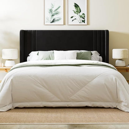 Allewie Queen Size Velvet Platform Bed Frame with Vertical Tufted Wingback Headboard, Easy Assembly, Under Bed Storage, No Box Spring Required, Modern Style, Black