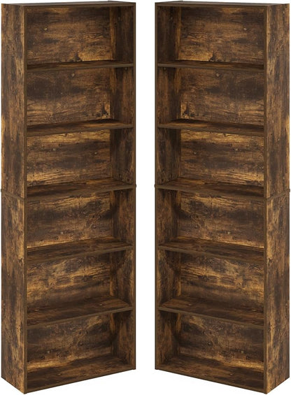Furinno Jaya Book Shelf Set of 2, 6-Tier Bookshelf, Bookcase, 9.5 x 24.6 x 71, for Home Office, Living Room, Amber Pine