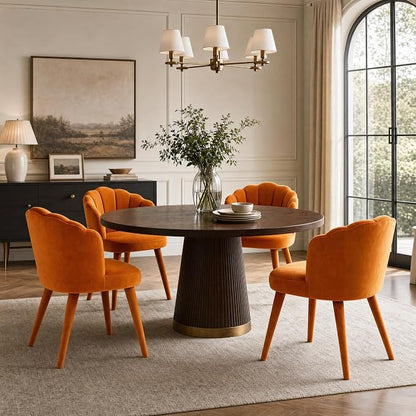 Hyfirm Velvet Dining Chairs Set of 4, Upholstered Modern Kitchen Dining Chairs with Petal Back & Fabric Covered Wooden Legs, Comfy Accent Armchairs for Bedroom/Kitchen/Vanity, Orange
