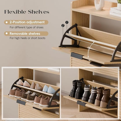MU 46.5" W Fluted Shoe Storage Cabinet for Entryway, Shoe Cabinet with 4 Flip Drawers, Narrow Wood Shoe Rack Cabinet, Freestanding Hidden Shoe Organizer with Wooden Legs for Hallway, Entrance, Oak