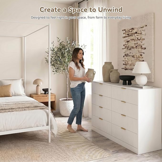 White 8 Drawer Dresser for Bedroom, 55" Wide Fluted Chest of Drawers with Gold Metal Handles, Modern Wooden Dresser, Closet Storage Organizer Mid Century TV Stand for Living Room Hallway