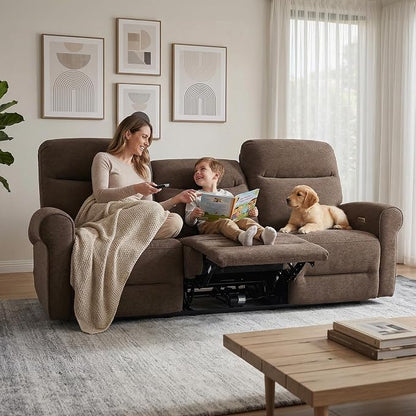 MCombo 87.8" Wall Hugger Power Reclining Sofa, 3-Seat Triple Recliner Couch with USB Ports, Rolled Arm Space Saving Recliner Sofa for Living Rooms Apartments RV, Fabric PR635M5 (Dark Brown)