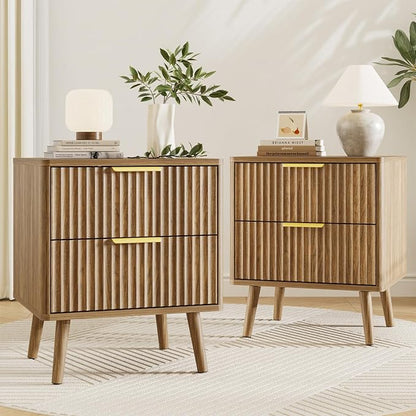 LYNSOM 3 Pieces Queen Bedroom Set, Floating Bed Frame with Smart LED Lights & Nightstand Set of 2, Fluted Bedroom Furniture Set for Home, Bedroom, Walnut