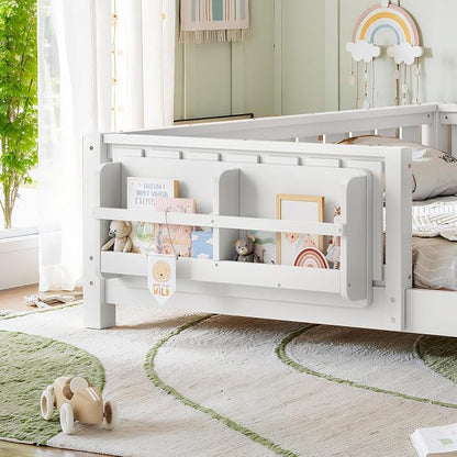 Bellemave White Montessori Floor Bed with Fence and Slats, Queen Size Montessori Floor Bed with Bookcase and High Rails, Easy Assemble Bed Frame for Girls, Boys, Queen
