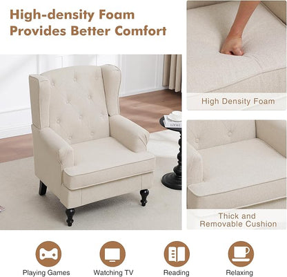 Accent Chair Set of 2, Mid Century Modern Fabric Wingback Chair, Upholstered Armchair with High Back and Vintage Legs, Comfy Single Sofa Side Reading Chair for Living Room Bedroom, Khaki