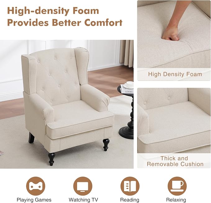 Accent Chair for Living Room, Mid Century Modern Upholstered Armchair, Wingback Chair with Tufted High Back and Solid Legs, Comfy Single Sofa Side Chairs for Bedroom, Khaki