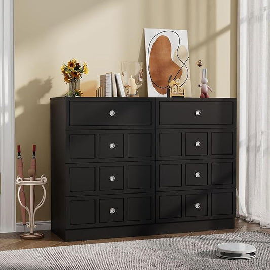 8 Drawer Dresser for Bedroom: 47" Black Wide Tall Dressers for Bedroom, Modern Fluted Dresser with Deep Drawers, Wooden Chest of Drawers for Living Room