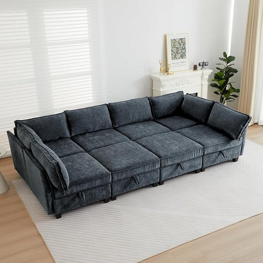 ORRD Oversize Sleeper Modular Sectional Sofa Set, Convertible Couch Bed with Storage, 8 Seater Sofa Modular for Living Room, Office (Blue Grey)
