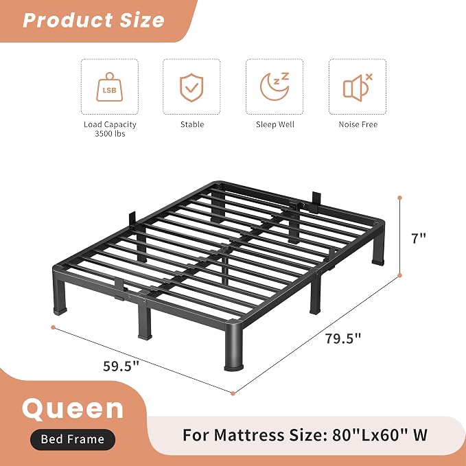 VIPSHOW 10 Inch Queen Heavy Duty 3500 lbs Bed Frame with Round-Corner Legs & Anti-Squeak Design – Quick Assembly Metal Platform, No Box Spring Needed