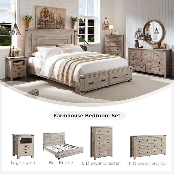 T4TREAM 48" Tall Farmhouse 5-Drawer Dresser for Bedroom, Light Rustic Oak | Rustic chests of drawers, Wood Storage Cabinet, Metal Handle, Unique Corner Accent, Bedroom, Living Room, Hallway