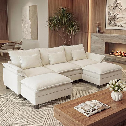 URRED Oversized Modular Sectional Sofa, 122" U Shaped Modern Comfy Cloud Couch with Movable Ottoman & Pillows, Deep Seat Couches for Living Room, Bedroom or Apartment (Chenille Beige, 122" U Shaped)