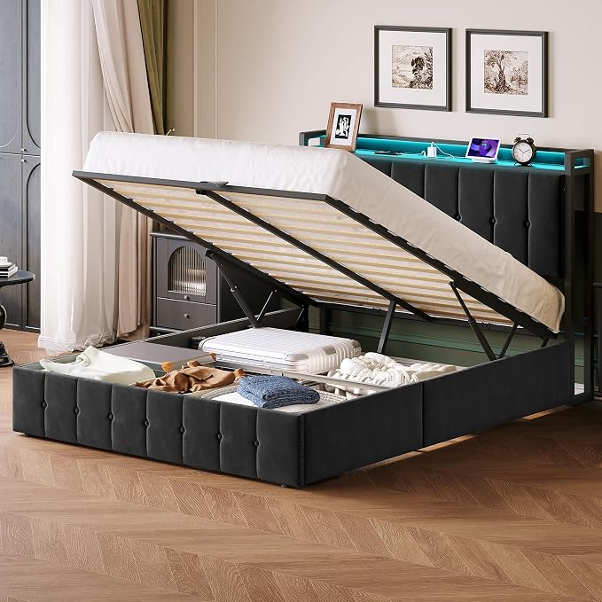 Garvee Full Size Lift Up Storage Bed with LED Lights, Upholstered Velvet Bed Frame with Storage Headboard & Charging Station, Metal Platform Bed, No Box Spring Needed, Solid Wooden Slats, Black