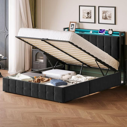 Garvee Full Size Lift Up Storage Bed with LED Lights, Upholstered Velvet Bed Frame with Storage Headboard & Charging Station, Metal Platform Bed, No Box Spring Needed, Solid Wooden Slats, Black