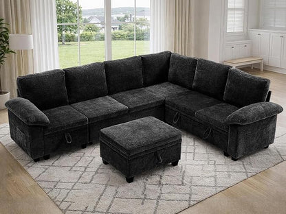 108" Modular Sectional Sofa Bed with Storage, L Shaped Pull Out Couch, Removable Chenille Sofa Cover for Living Room (Black, 7 Seat)
