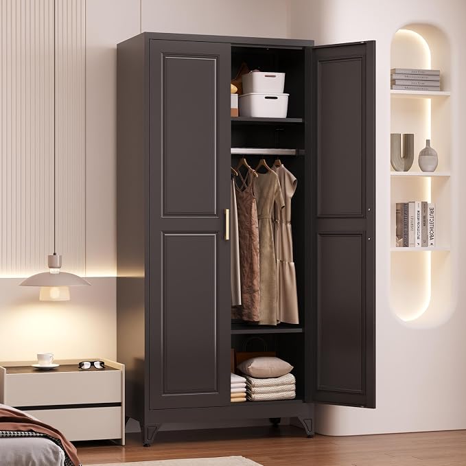 Armoire Wardrobe Closet with Hanging Rod, 71" Tall Metal Clothes Storage Cabinet with Doors and Adjustable Shelves, Black Wardrobe Cabinet, Steel Closet for Bedroom, Bathroom, Office, School