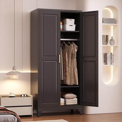 Armoire Wardrobe Closet with Hanging Rod, 71" Tall Metal Clothes Storage Cabinet with Doors and Adjustable Shelves, Black Wardrobe Cabinet, Steel Closet for Bedroom, Bathroom, Office, School