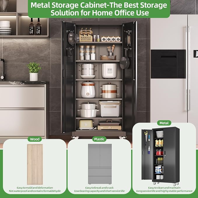 Reemoon 71" H Garage Storage Cabinets with 5 Adjustable Shelves and Door Pegboard,Metal Storage Cabinets with Wheels for Garage Home,Required Assembly,Black