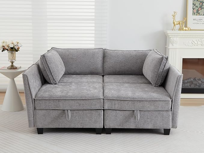 ORRD Sleeper Modular Sectional Sofa Set, Convertible Couch Bed with Storage, 4 Seater and 4 Armrestes Sofa Modular for Living Room, Office (Grey)