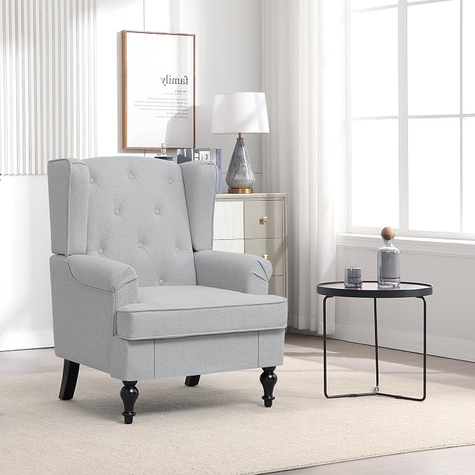 Accent Chair Set of 2, Mid Century Modern Fabric Wingback Chair, Upholstered Armchair with High Back and Vintage Legs, Comfy Single Sofa Side Reading Chair for Living Room Bedroom, Light Grey