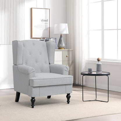 Accent Chair for Living Room, Mid Century Modern Upholstered Armchair, Wingback Chair with Tufted High Back and Solid Legs, Comfy Single Sofa Side Chairs for Bedroom, Light Grey