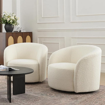 KINWELL 68" Boucle Upholstered Loveseat Sofa with Set of 2 Swivel Barrel Accent Chairs, Minimalist Comfy 2-Seater Couch and 2 Sherpa Armchairs for Small Spaces Apartment, Cream