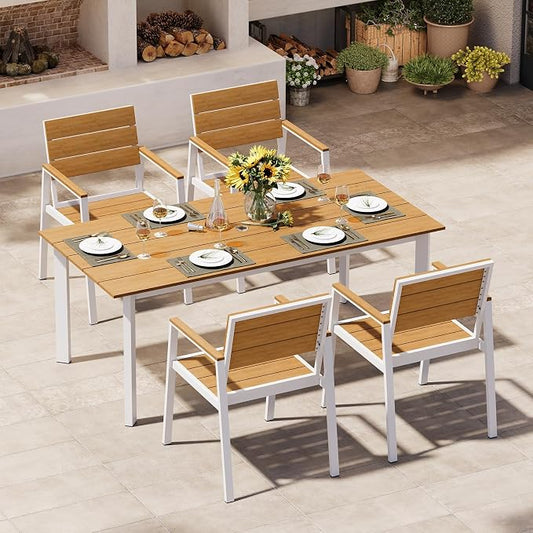 Outdoor Dining Set for 4, Patio Table and Chairs Set with Umbrella Hole, 5 Pieces HDPS + Aluminum Outdoor Furniture Sets for Patio, Garden (White & Teak)