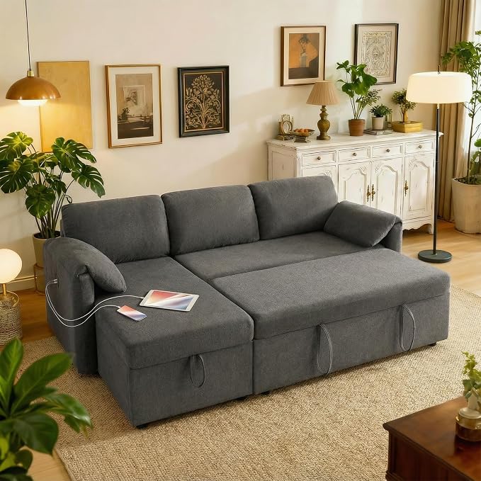 Tbfit 83'' Pull Out Sofa, 3 in 1 Sleeper Sofa Couch with USB & Storage Chaise, Comfy Sofa Bed with Pull Out Bed, Convertible Sleeper Sofas for Living Room, Small Spaces, Dark Gray