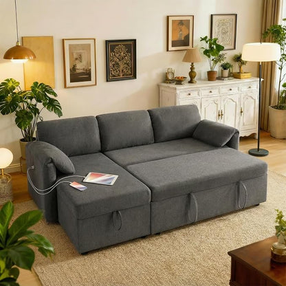 Tbfit 83'' Pull Out Sofa, 3 in 1 Sleeper Sofa Couch with USB & Storage Chaise, Comfy Sofa Bed with Pull Out Bed, Convertible Sleeper Sofas for Living Room, Small Spaces, Dark Gray