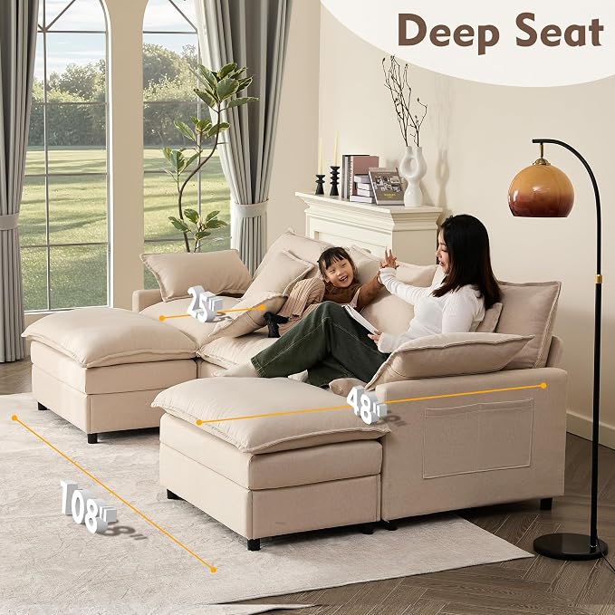 GOSUHI 108" U-Shaped Modular Cloud Couch, Deep Seat, Linen Beige | Cloud Comfort, Couches for Living Room, Removable & Machine-Washable Covers, Movable Ottoman, Modular Sectional Sofa