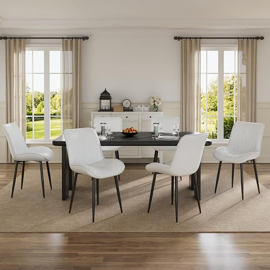 VECELO Dining Chairs Set of 6, Modern Upholstered Faux Leather Cushion Seat and Metal Legs for Kitchen, Living Room, White