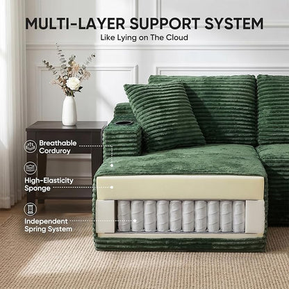 Boneless Couch, 127" Sofas for Living Room, U Shaped Couch with Chaise | Sectional Sofa, Cloud Couch Sectional with Cup Holders and Storage, Cloud Sofa with Deep Seat, Green, Corduroy, No Assembly