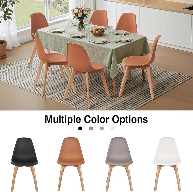 VECELO Dining Chairs Set of 4, Mid-Century Modern Kitchen & Dining Room Chairs, Molded Plastic Seat & Back, Solid Wood Legs, Armless, Non-Slip Feet, Orange