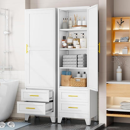 Tall Metal Narrow Storage Cabinet 67" H with 2 Drawer, White Pantry Cabinets with 2 Adjustable Shelves and Door,Tall Bathroom Cabinet for Kitchen, Home Office, Living Room, Dining Room