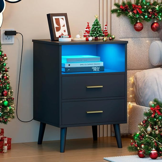 LVSOMT Black Bedroom Nightstand with Charging Station and LED Lights, Modern Bedside Table with Hidded Drawer, Smart Night Stand with Open Storage Shelf, USB Port, Metal Legs