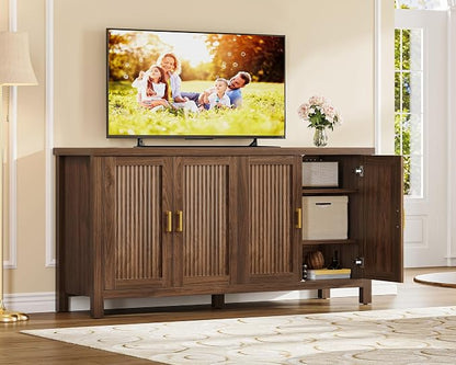 usikey Buffet Cabinet with Storage, 55" Fluted Sideboard Cabinet with 4 Adjustable Shelves, Modern Coffee Bar with 4 Doors, Coffee Bar Cabinet for Kitchen, Walnut