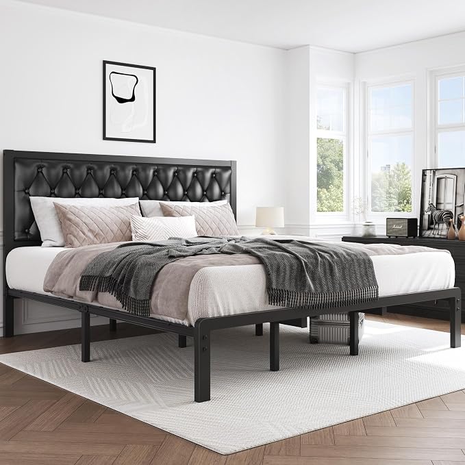 HISOFT King Bed Frame with Upholstered Button Tufted Headboard, Bed Frame Platform Metal Slats Support, Under Bed Storage, No Box Spring Needed, Noise-Free, Easy Assembly, Black