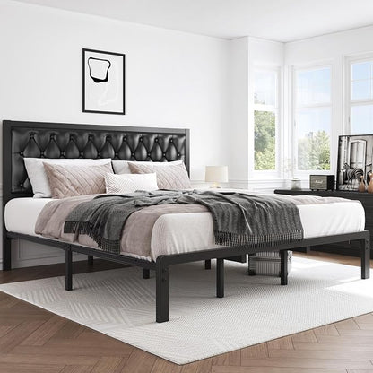 HISOFT King Bed Frame with Upholstered Button Tufted Headboard, Bed Frame Platform Metal Slats Support, Under Bed Storage, No Box Spring Needed, Noise-Free, Easy Assembly, Black