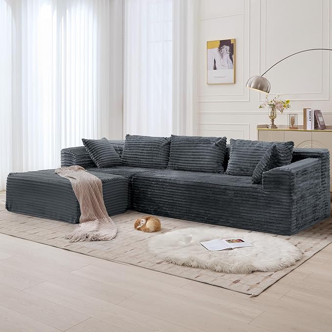 Korser 108" L-Shaped Modular Sectional Sofa with Chaise, Boneless Comfy Corduroy Fluffy Couch with Deep Seat and Side Pockets, Flexible Module Combination for Living Room, No Assembly, Side Pockets