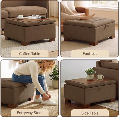 30 Inch Square Storage Ottoman Coffee Table, Modern Tufted Upholstered Ottoman with Flip Tray and Solid Wood Legs, Suitable for Living Rooms, Linen Brown