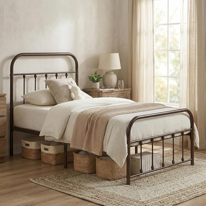 VECELO Purple Bronze Metal Bed Frame Twin Size with Vintage Headboard and Footboard, No Box Spring Needed, Premium Stable Steel Slat Support Mattress Foundation