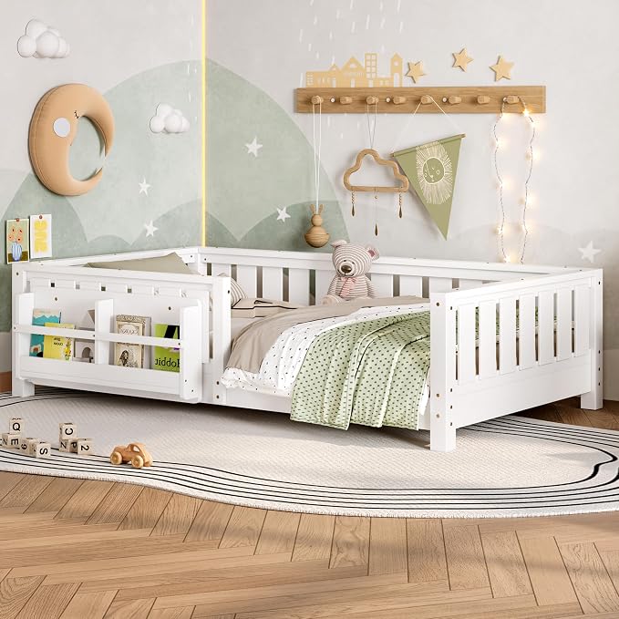 Bellemave Twin Size Montessori Floor Bed with Slats and Fence, Twin Size Montessori Bed with Rails and Bookcase, Easy Assemble Floor Beds Frame, White