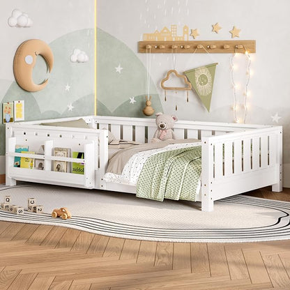 Bellemave Twin Size Montessori Floor Bed with Slats and Fence, Twin Size Montessori Bed with Rails and Bookcase, Easy Assemble Floor Beds Frame, White