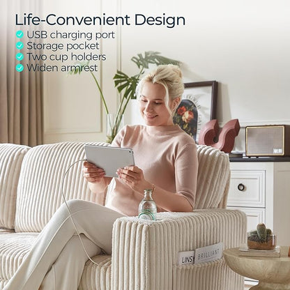 LINSY HOME Loveseat Sofa with Storage - Comfy Plush Corduroy 2 Seater Sofa with USB Charging & Cup Holders, Deep Seat Love Seat for Small Spaces Living Room Bedroom Apartment, Beige