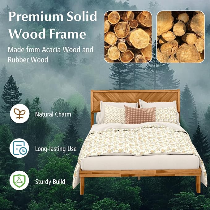 KOMFOTT Queen Acacia Wood Bed Frame with Headboard, Solid Wood Platform Bed Frame, Wooden Slats Supported Bed Base with Under-Bed Storage Space, No Box Spring Needed Mattress Foundation
