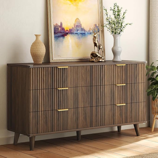 Lulive Wood Dresser for Bedroom with 6 Drawers, 53.2" Long Fluted Modern Chest of Drawers Storage Organizer, Dressers TV Stand for Living Room, Closet, Hallway (Walnut)