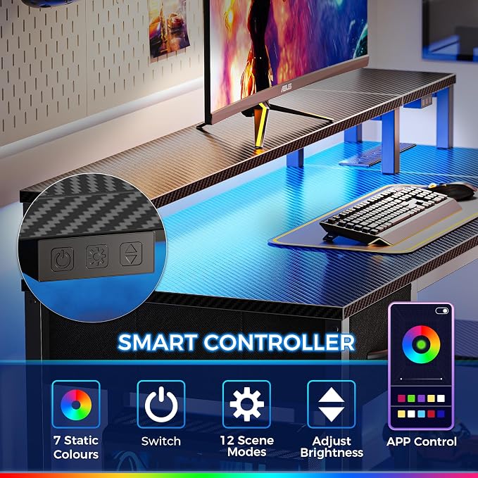 SUPERJARE 53 inch Reversible L Shaped Desk with LED Lights & Power Outlets, Computer Desk with Shelves & Monitor Stand, Gaming Desk with Drawer, Home Office Desk, Carbon Fiber Black