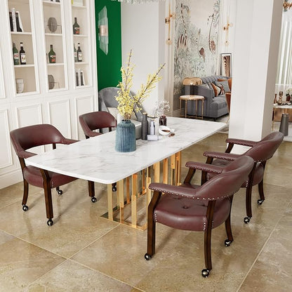 LEEMTORIG Set of 4 Large Dining Chairs with Casters and Arm, Rolling Dining Chairs with Wheels, Poker Table Chairs, Boss Caption's Chairs, 26"D x 25.2"W x 31.5"H Espresso Legs & Wine Red, XXY-1910-WR