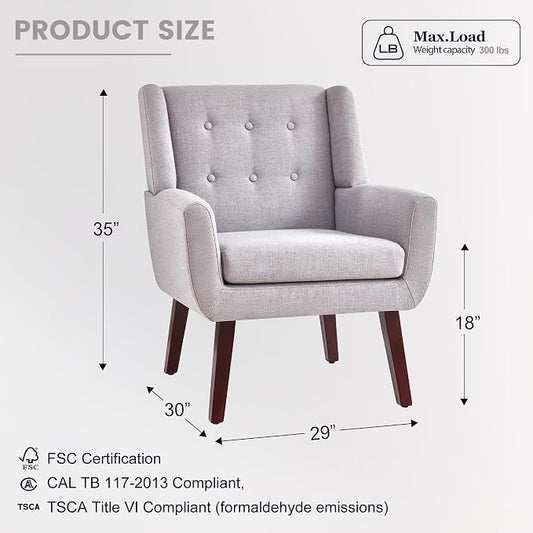 HUIMO Button-Tufted Accent Chairs Set of 2,Upholstered Reading Living Room Chair,Mid Century Modern Chair with Linen Fabric, Club Chair,Comfy Arm Chairs for Living Room,Bedroom,Light Grey